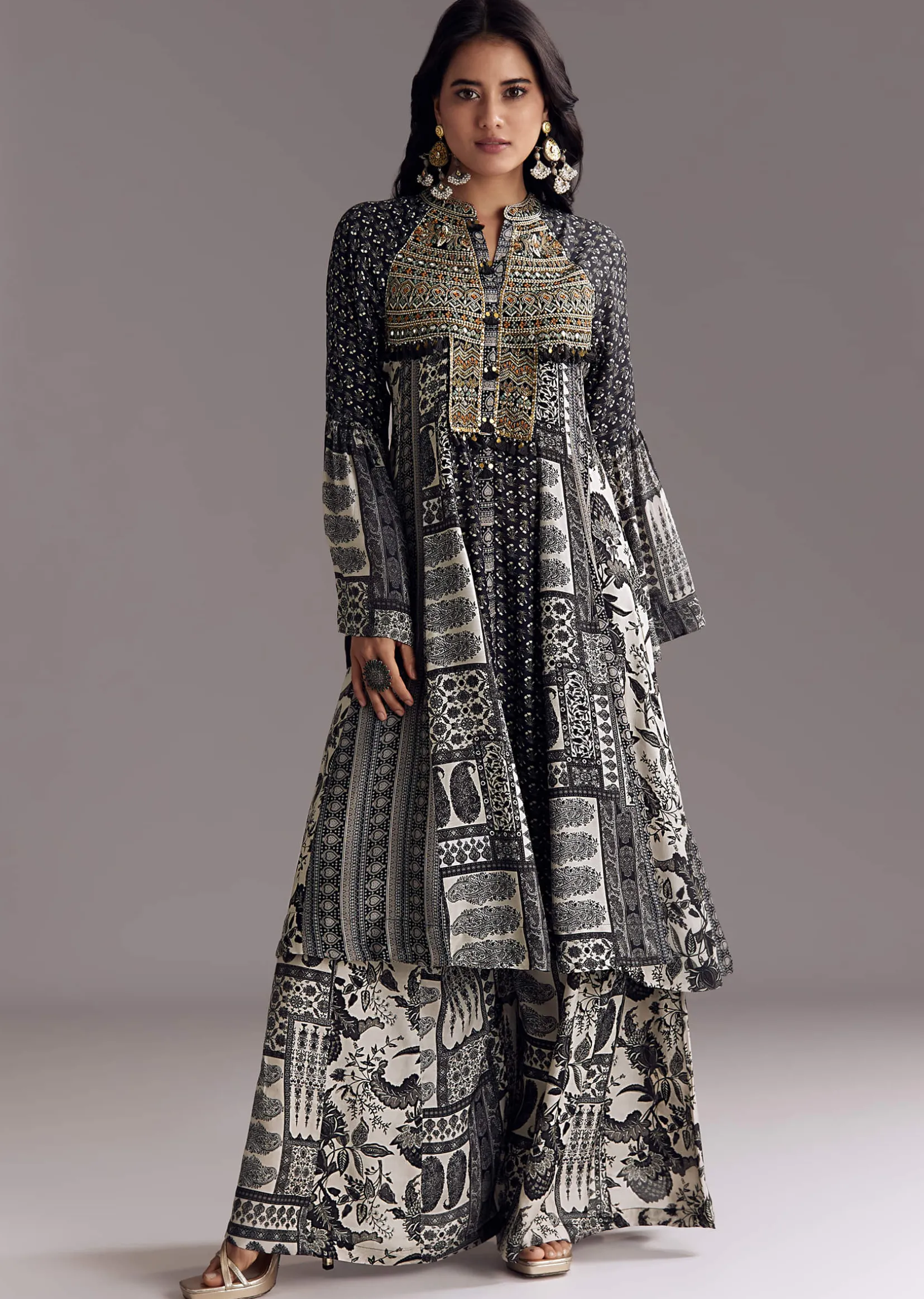 Black Mixed Print Muslin Palazzo Set With Resham Work