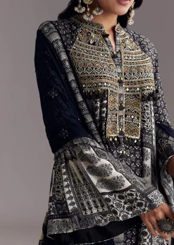 Black Mixed Print Muslin Palazzo Set With Resham Work