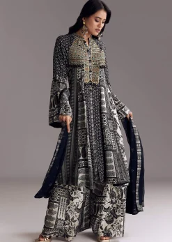Black Mixed Print Muslin Palazzo Set With Resham Work