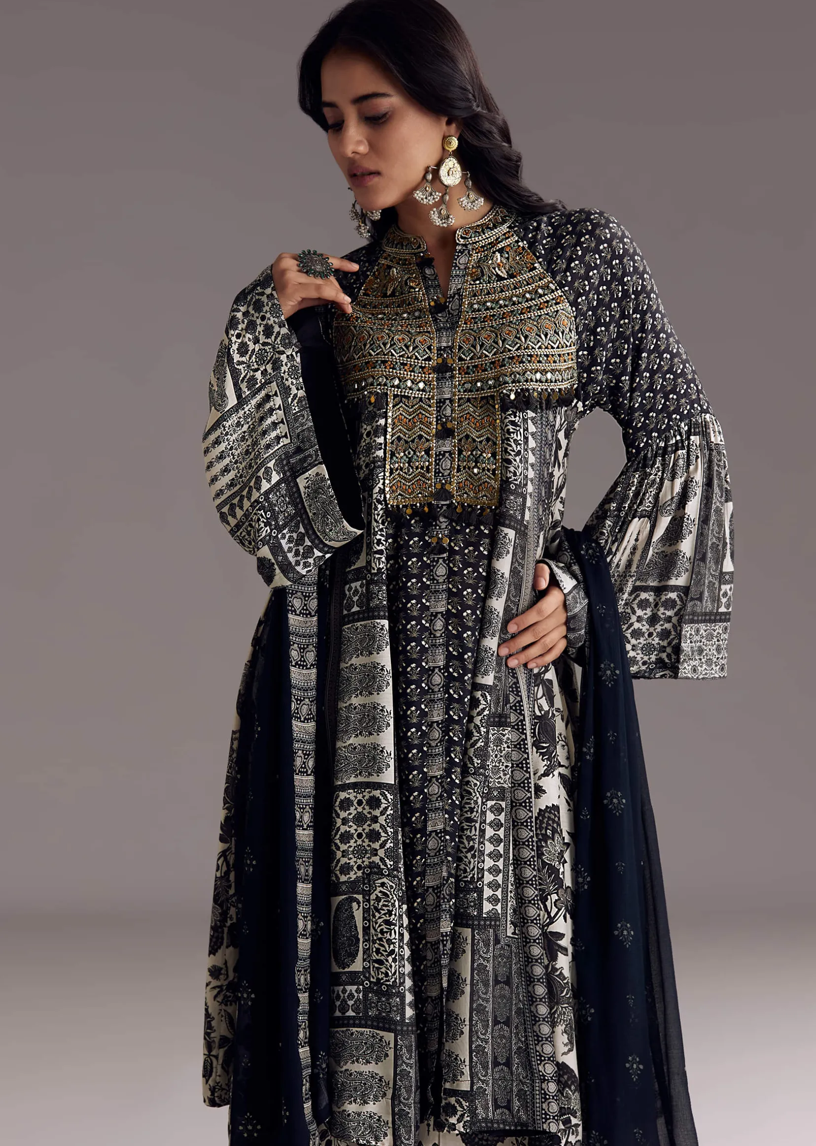 Black Mixed Print Muslin Palazzo Set With Resham Work