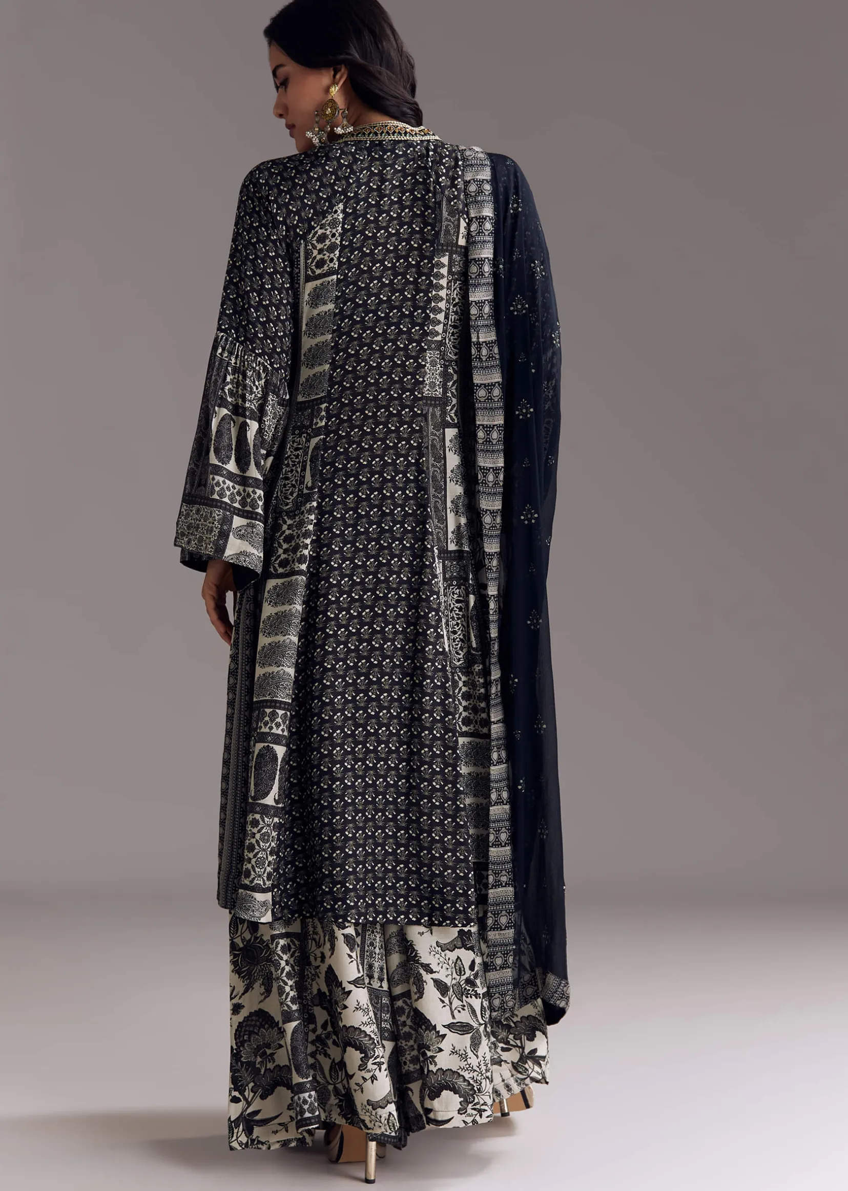 Black Mixed Print Muslin Palazzo Set With Resham Work