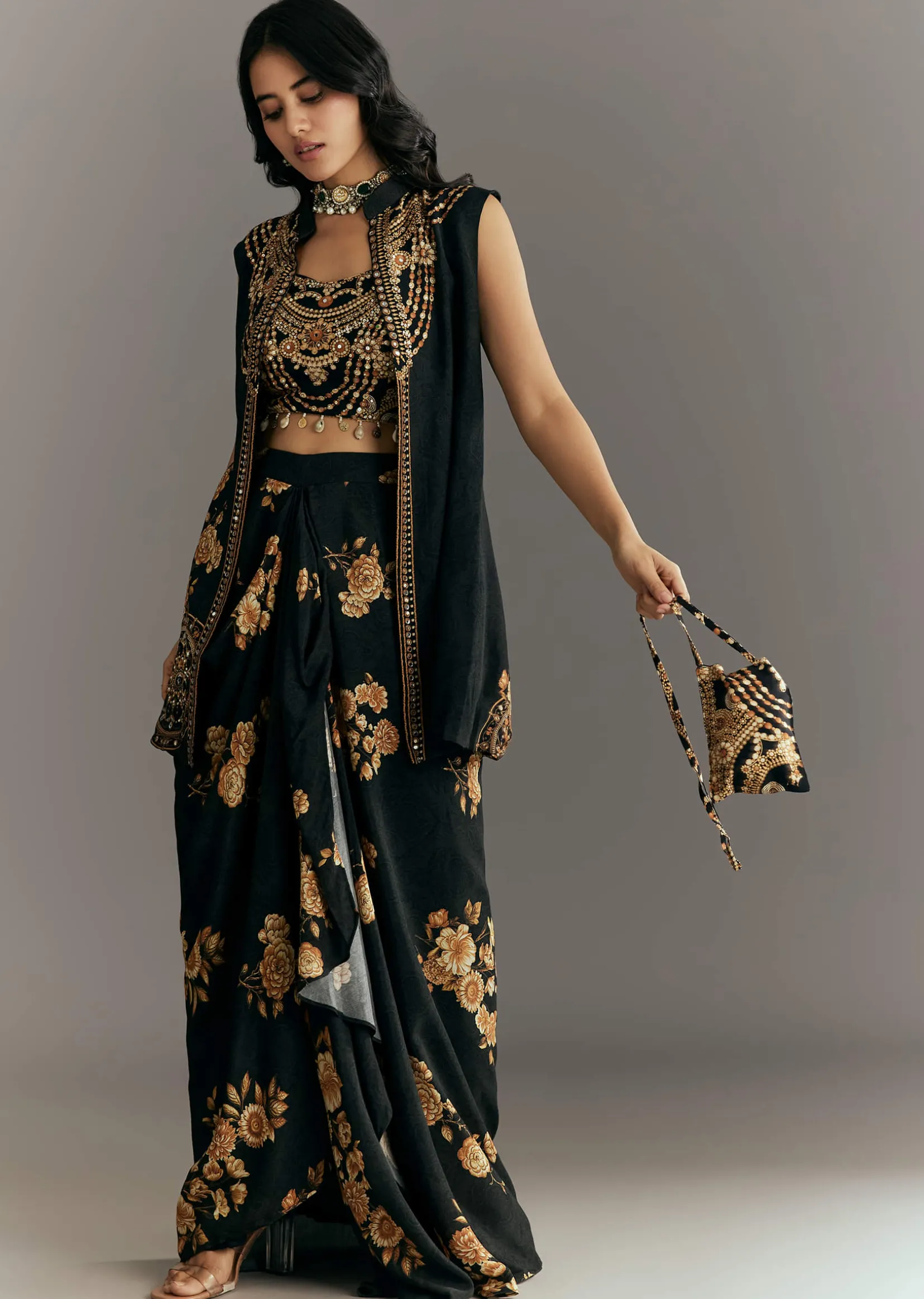 Black Muslin Croptop Set With Floral Printed Skirt Jacket