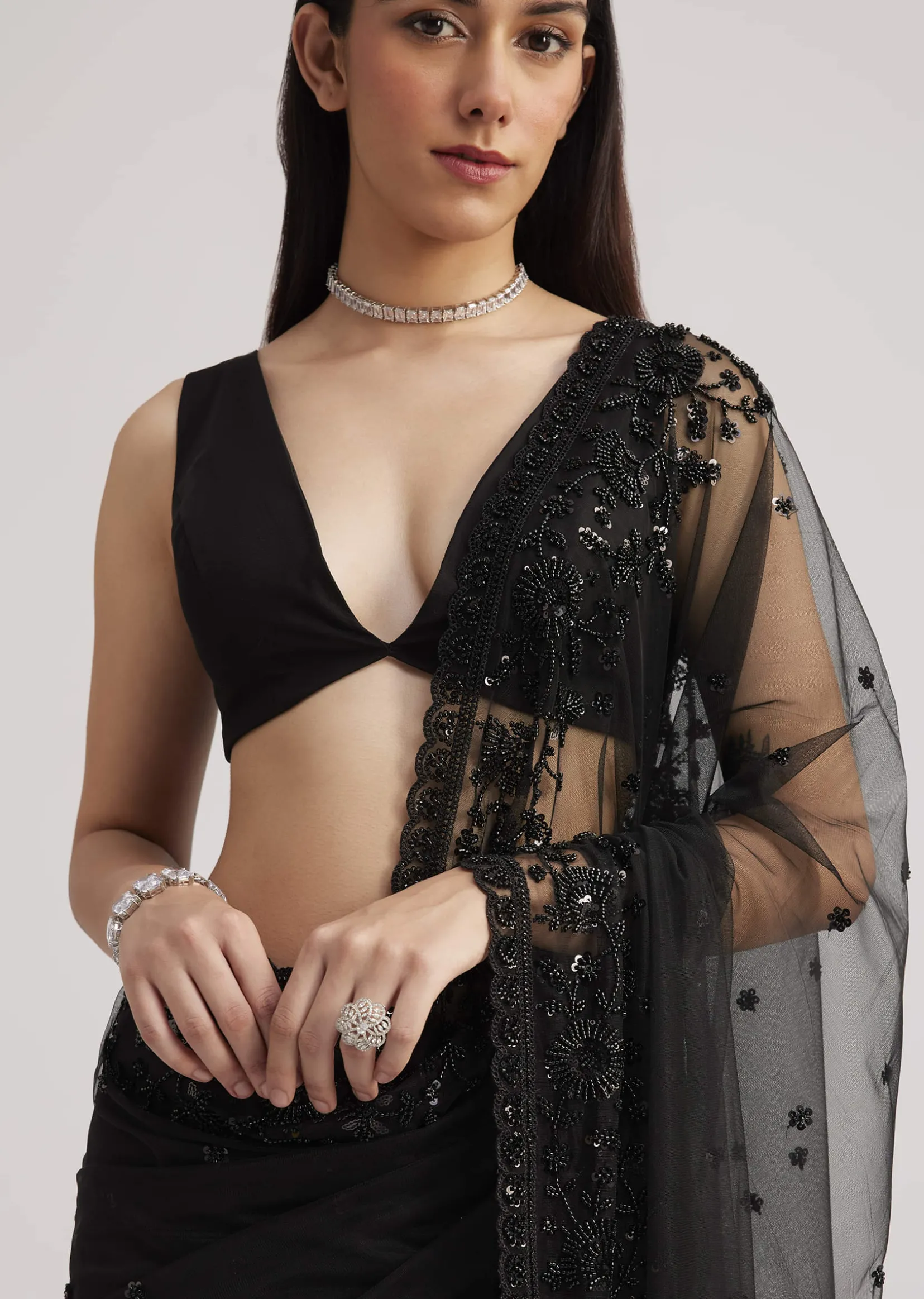 Black Net Heavy Embroidered Saree With Sequins And Stones