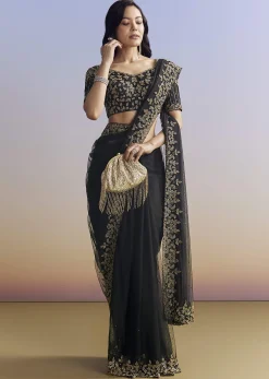 Black Net Saree With Embroidered Border