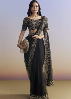 Black Net Saree With Embroidered Border