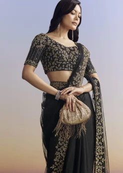 Black Net Saree With Embroidered Border