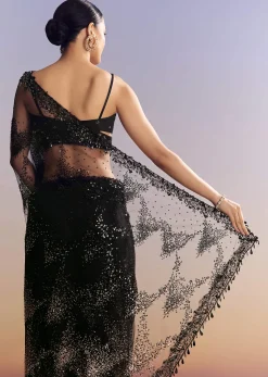 Black Net Saree With Golden Sequins And Cutdana Embroidery