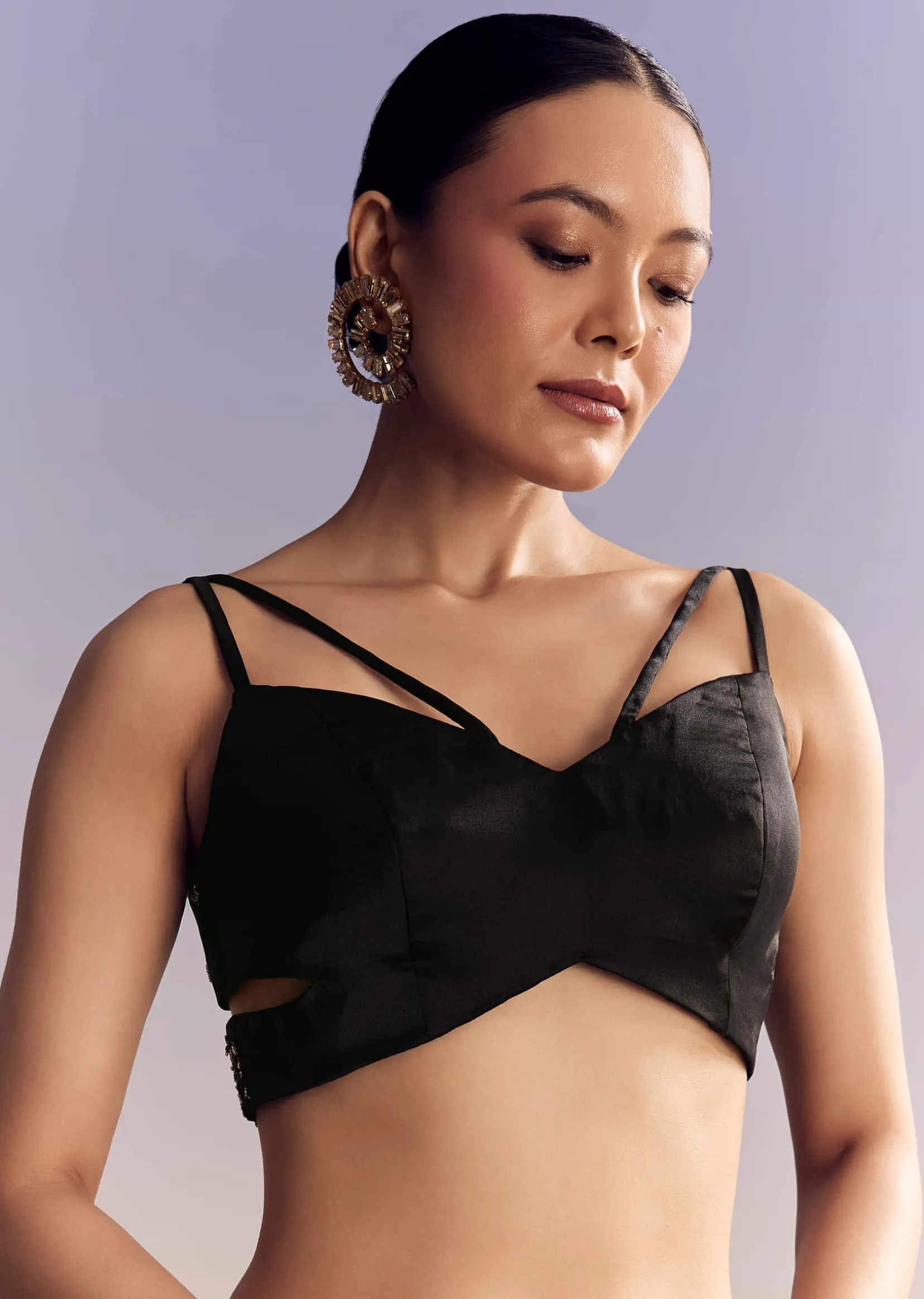 Black Net Saree With Golden Sequins And Cutdana Embroidery