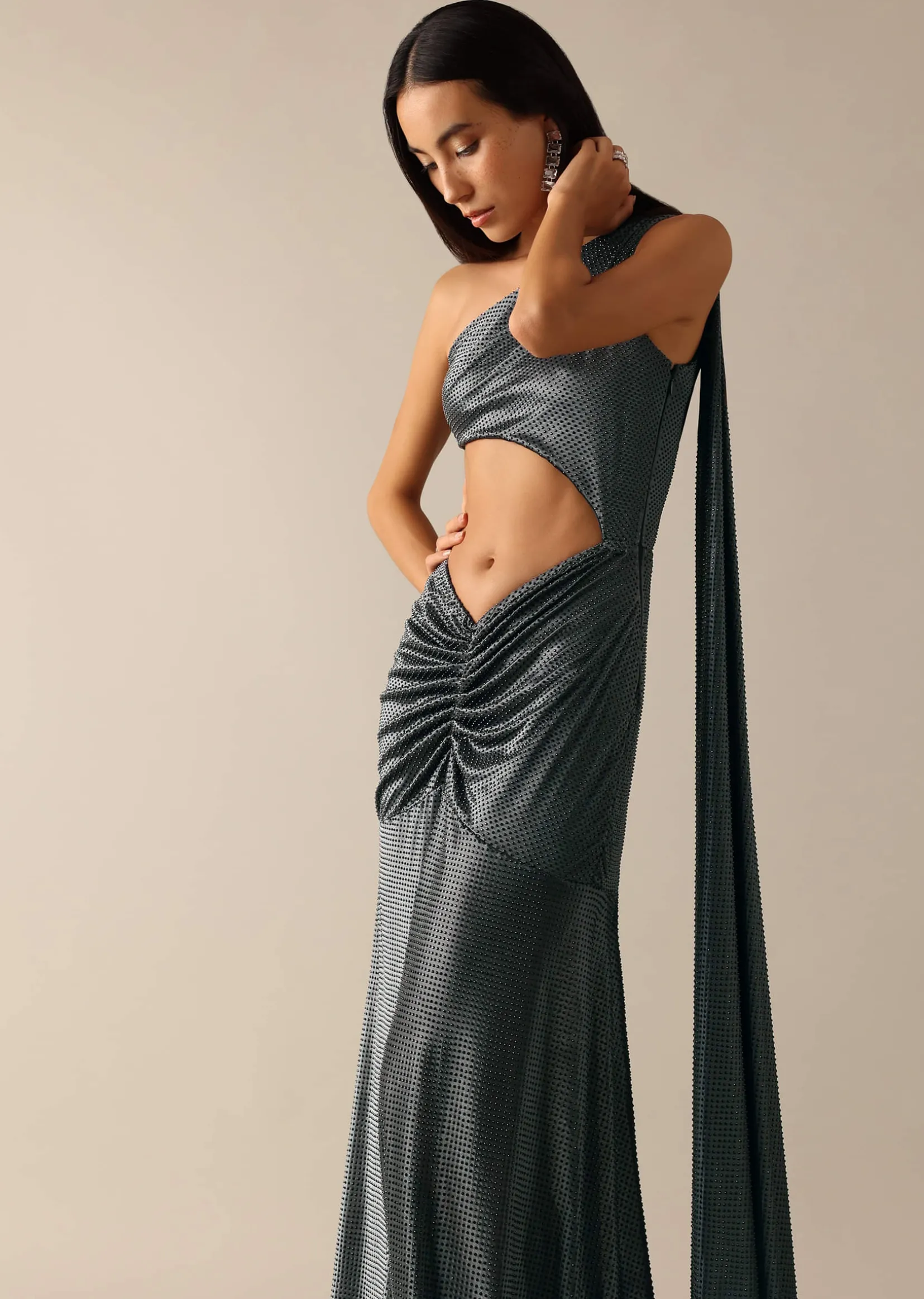 Black One Shoulder Fishcut Gown With Attached Drape