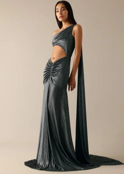 Black One Shoulder Fishcut Gown With Attached Drape