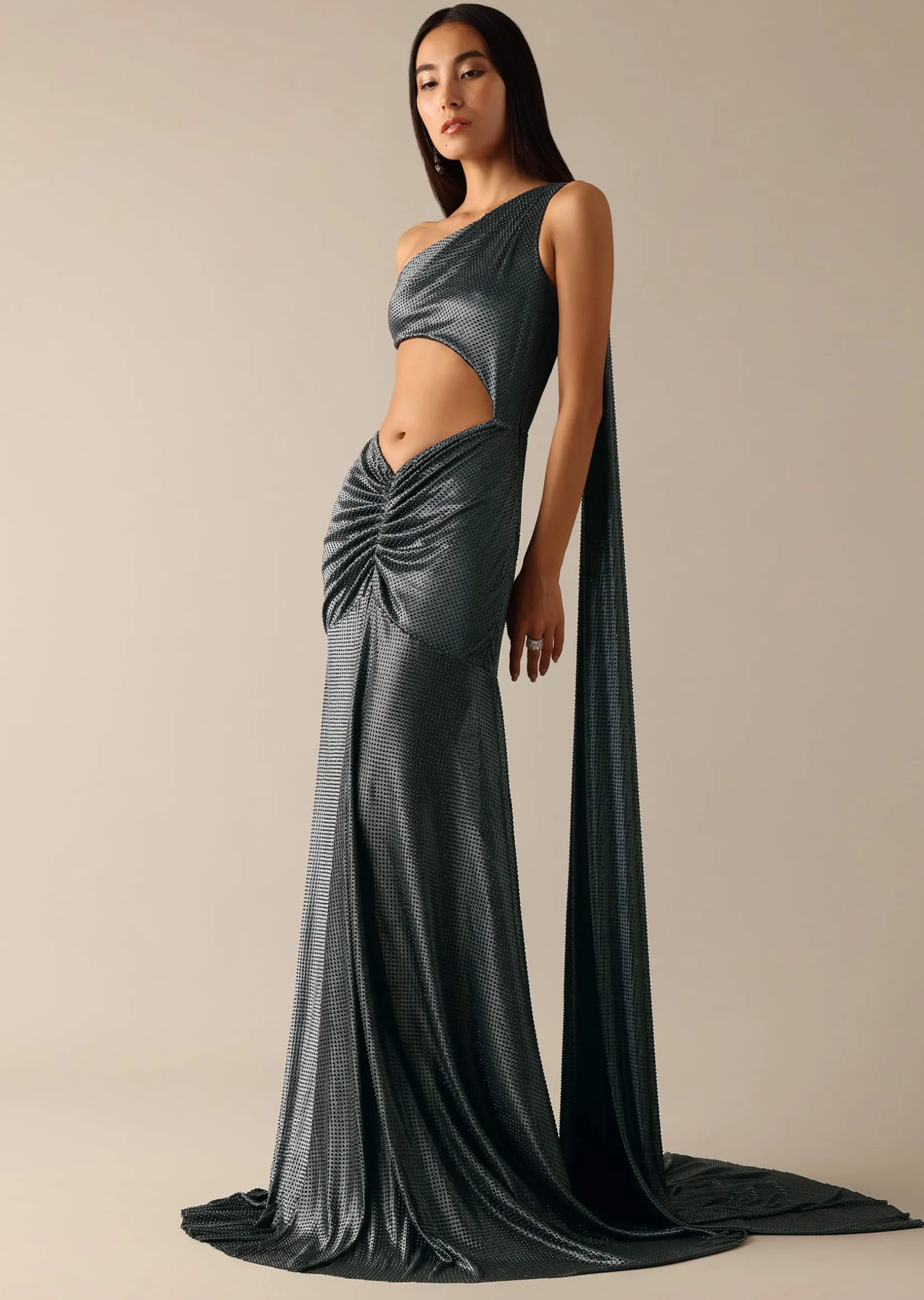 Black One Shoulder Fishcut Gown With Attached Drape