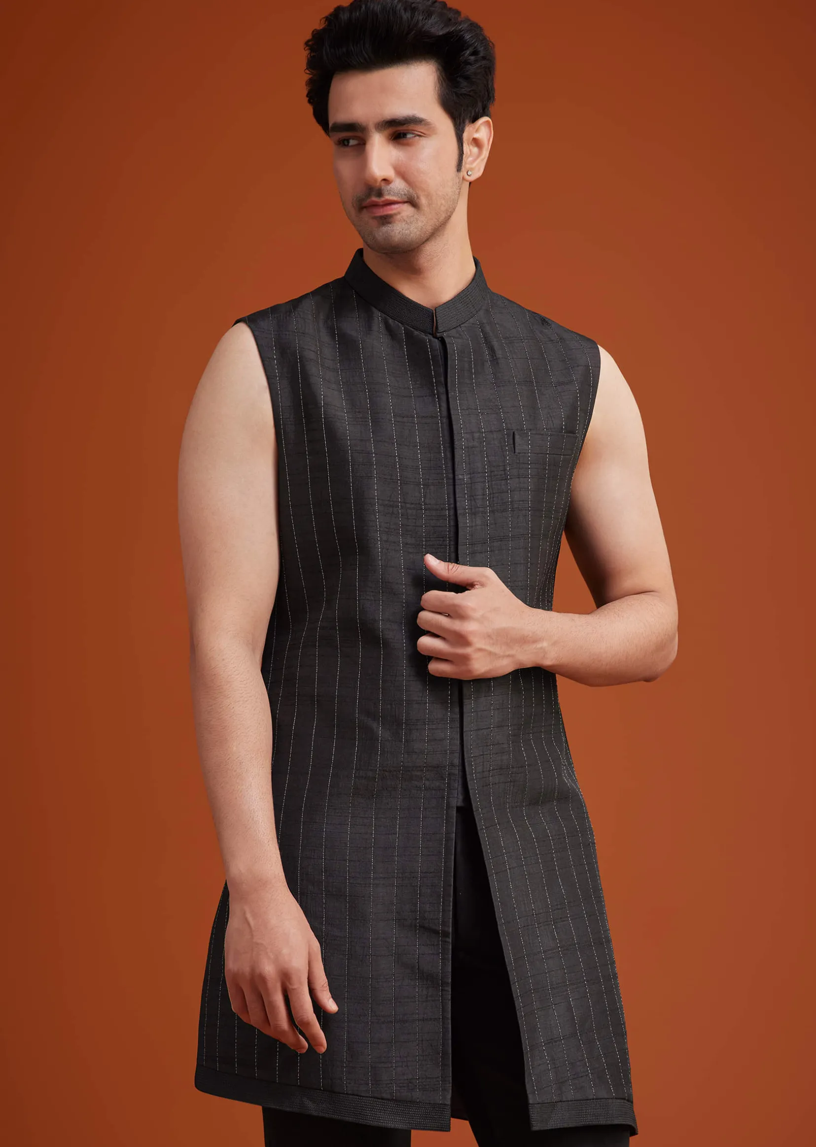 Black Open Indo Jacket Set With Silver Beadwork