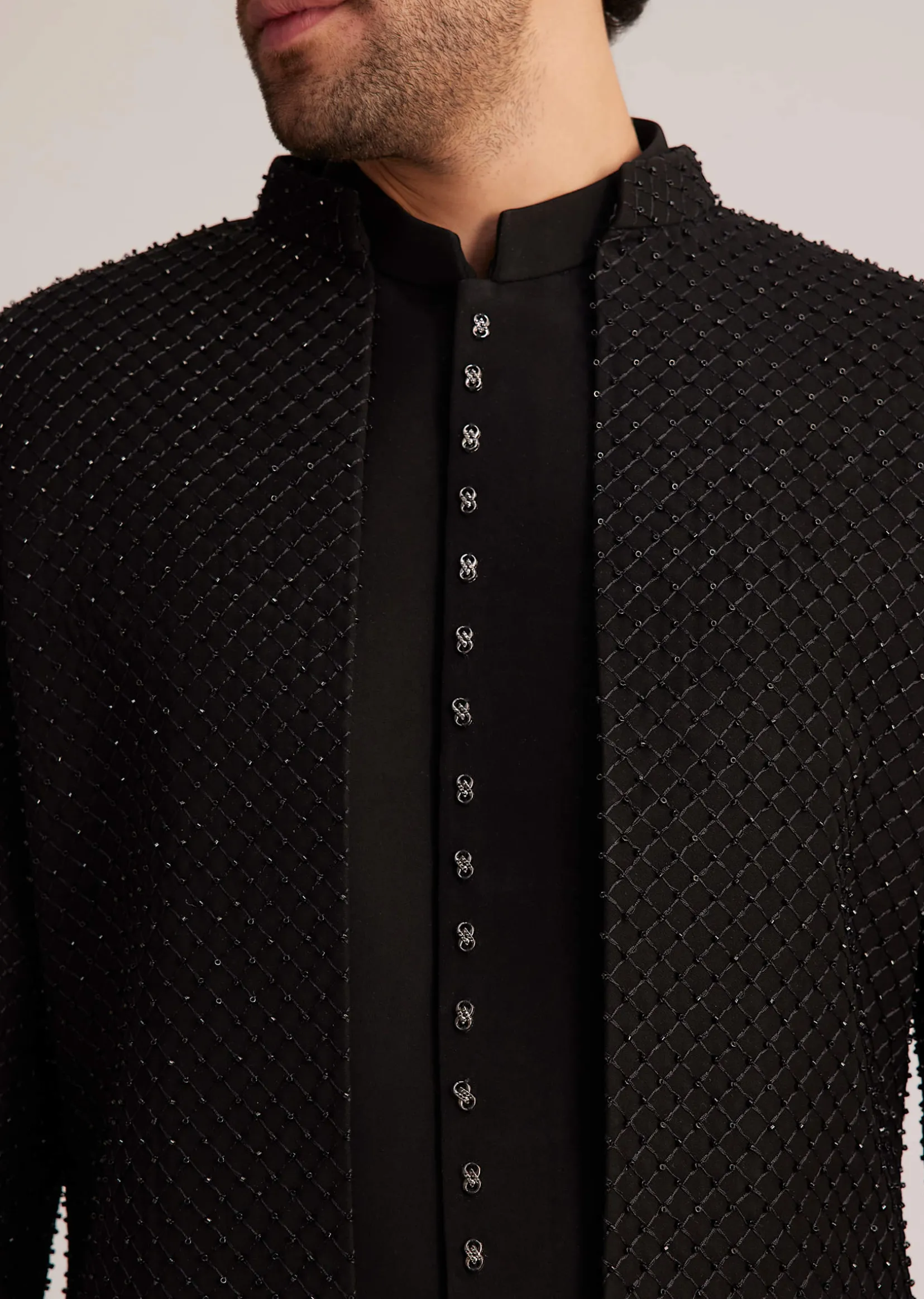 Black Open Jacket Set With Bead Embroidery
