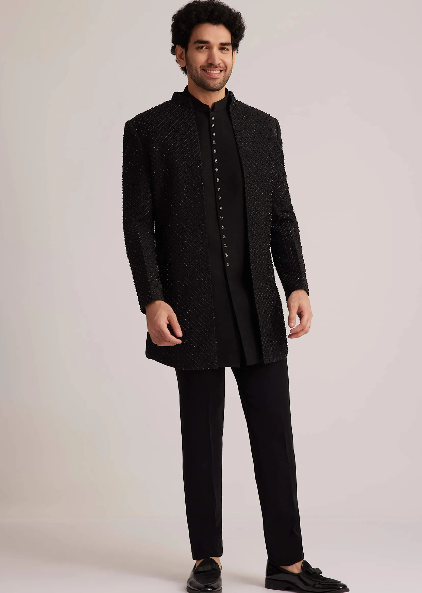 Black Open Jacket Set With Bead Embroidery