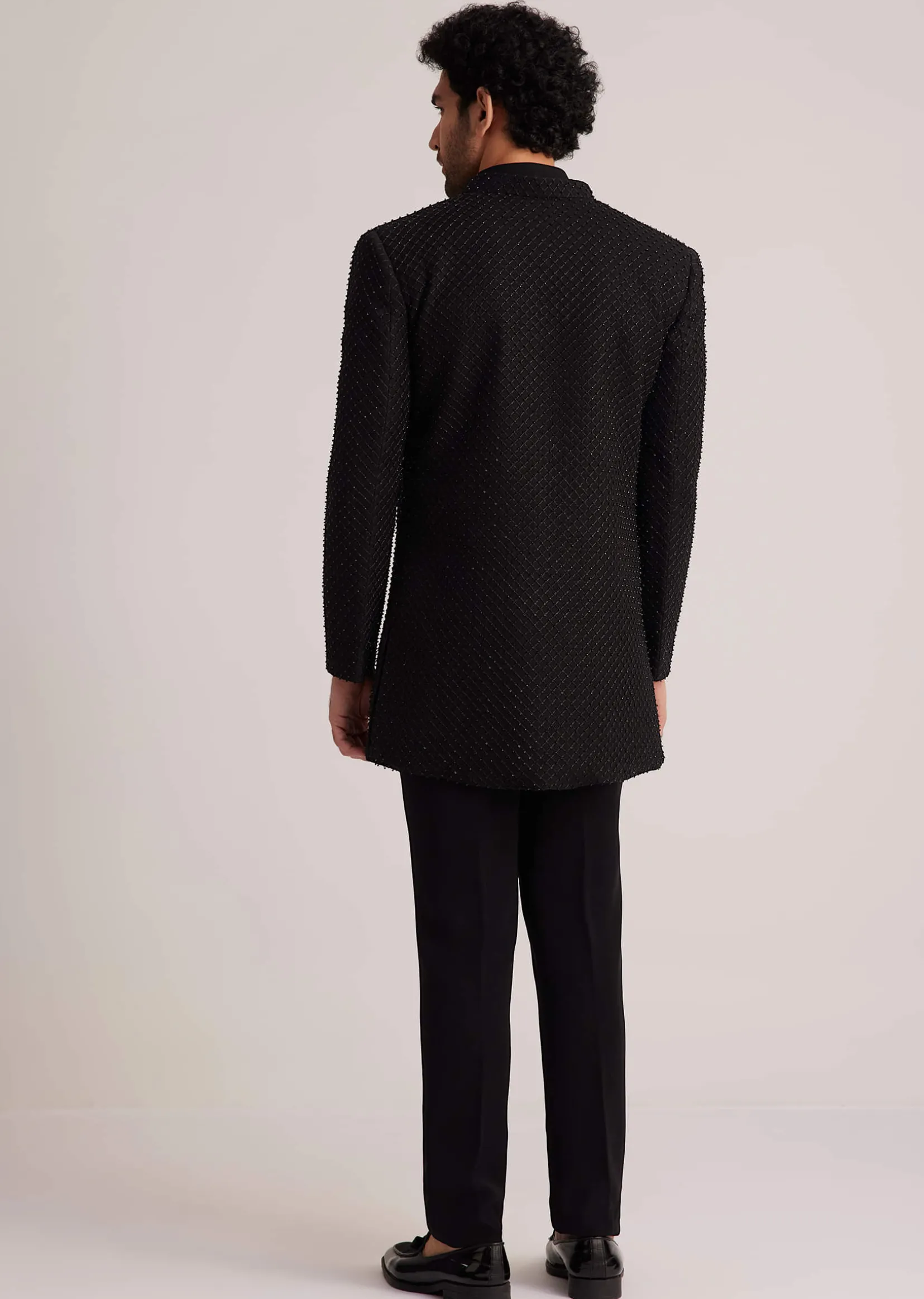 Black Open Jacket Set With Bead Embroidery