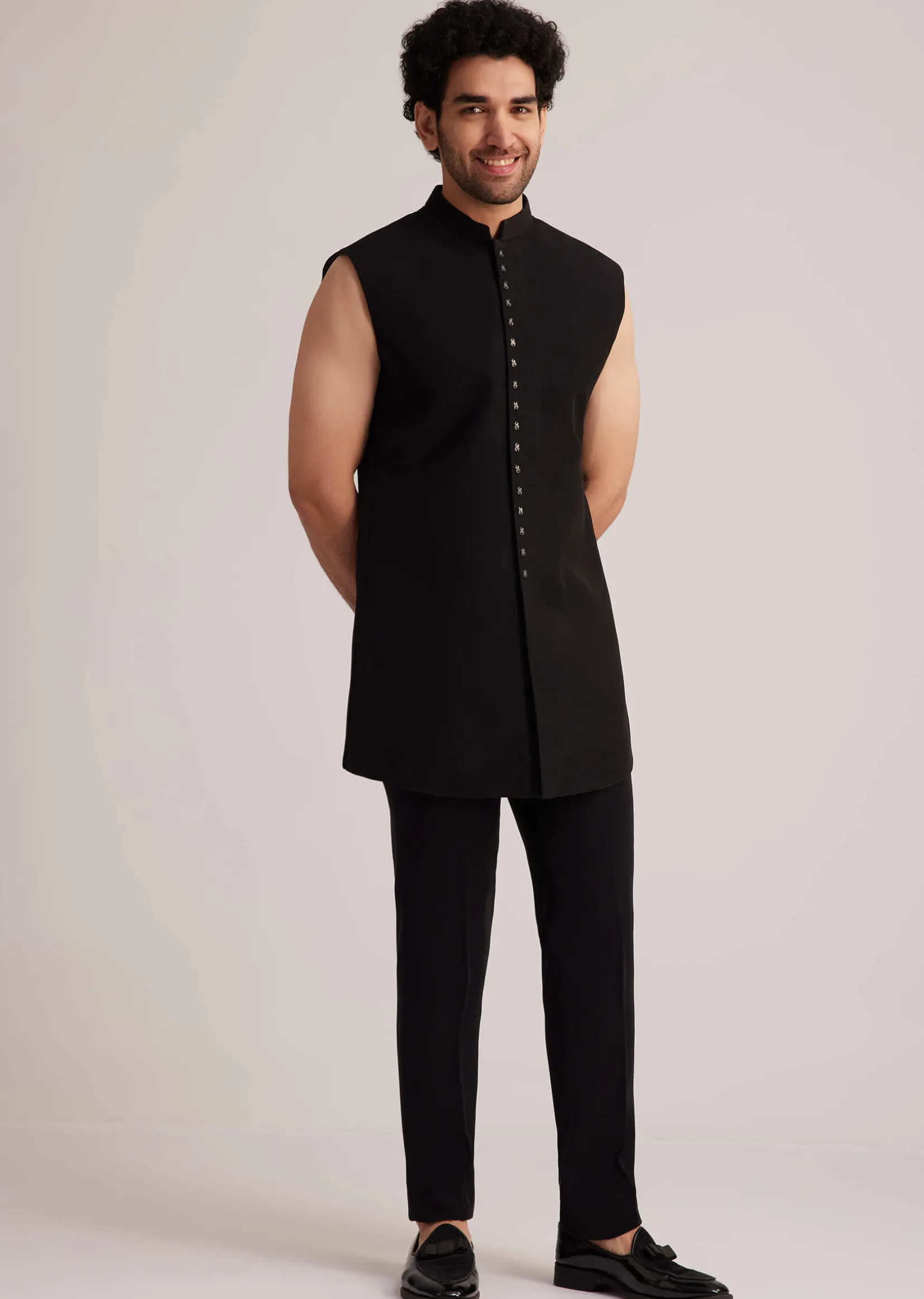 Black Open Jacket Set With Bead Embroidery