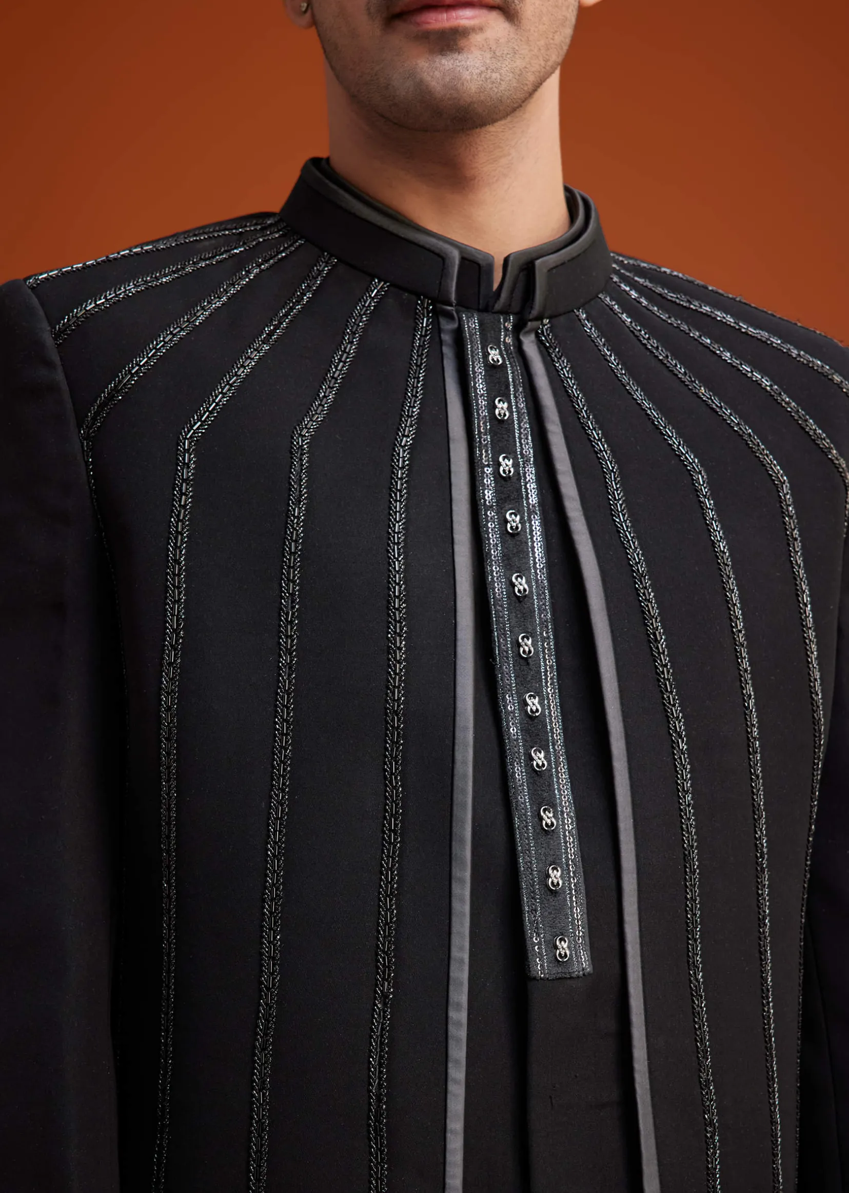Black Open Sherwani Set with Linear Bead and Sequin Detailing