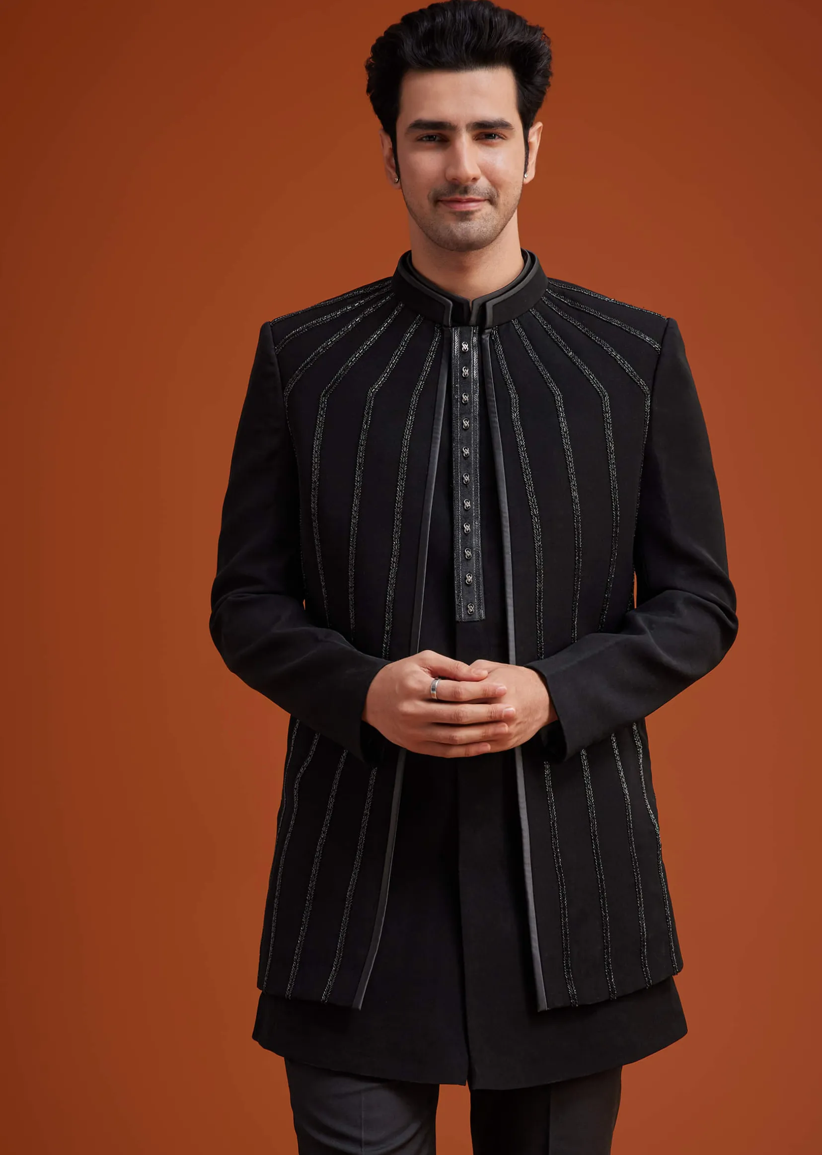 Black Open Sherwani Set with Linear Bead and Sequin Detailing