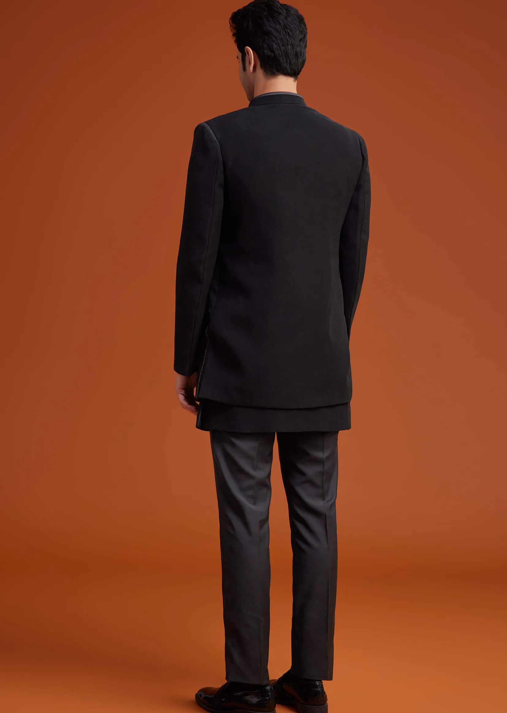Black Open Sherwani Set with Linear Bead and Sequin Detailing