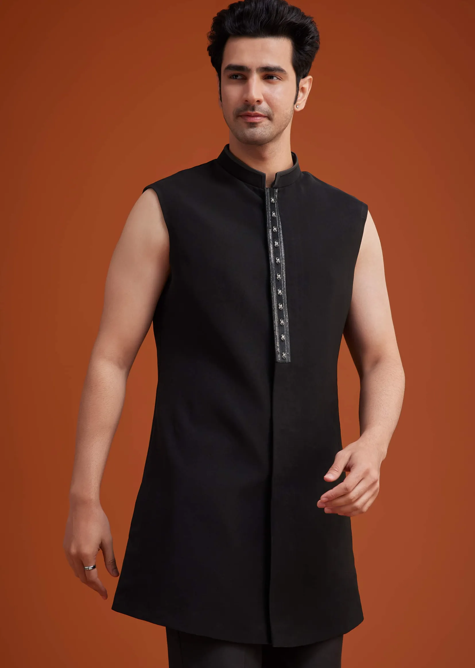 Black Open Sherwani Set with Linear Bead and Sequin Detailing