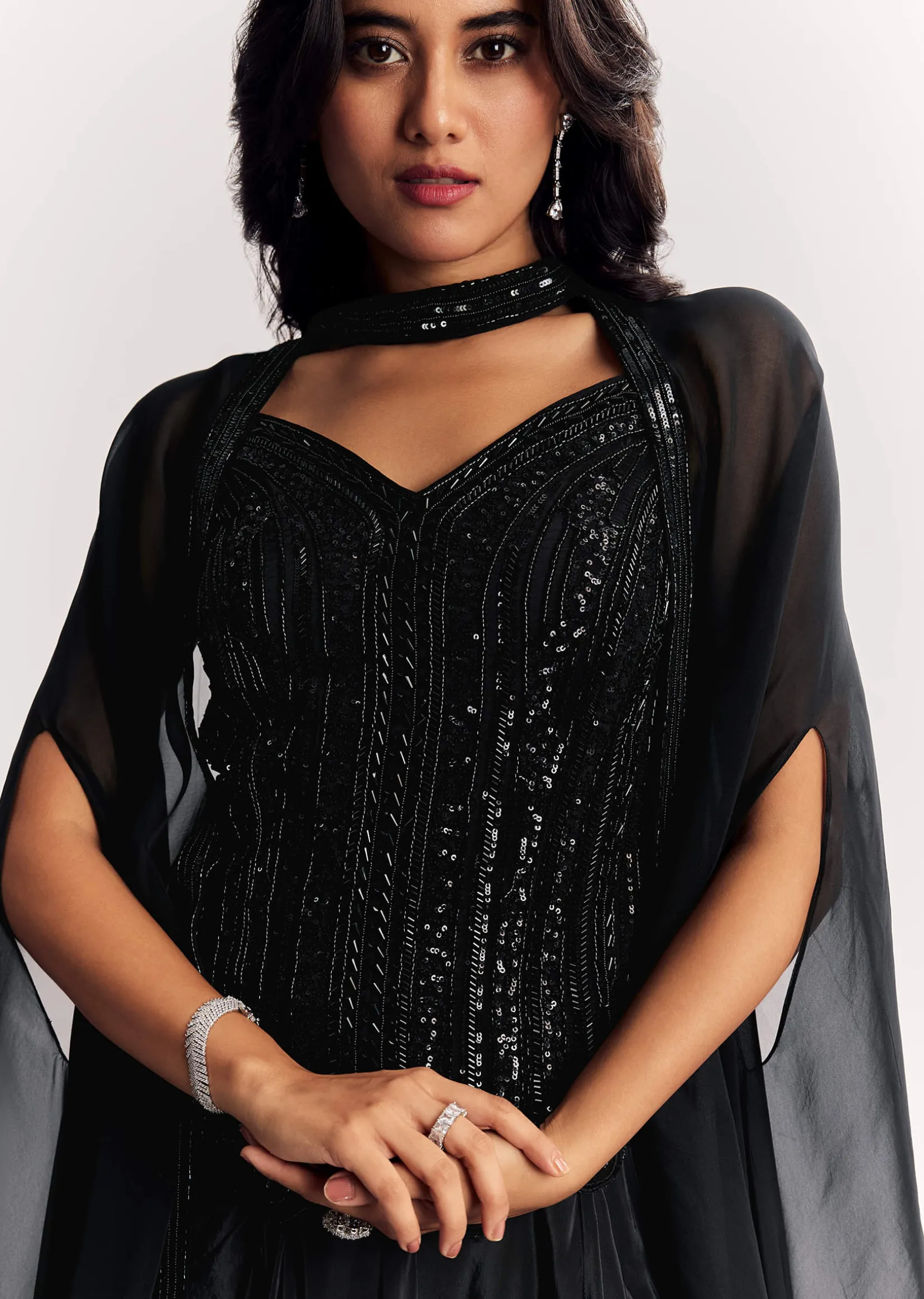Black Organza Cape Suit With Sequins And Cutdana Embroidered Top