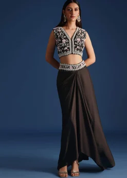 Black Organza Jacket With Embroidered Crop Top And Draped Skirt