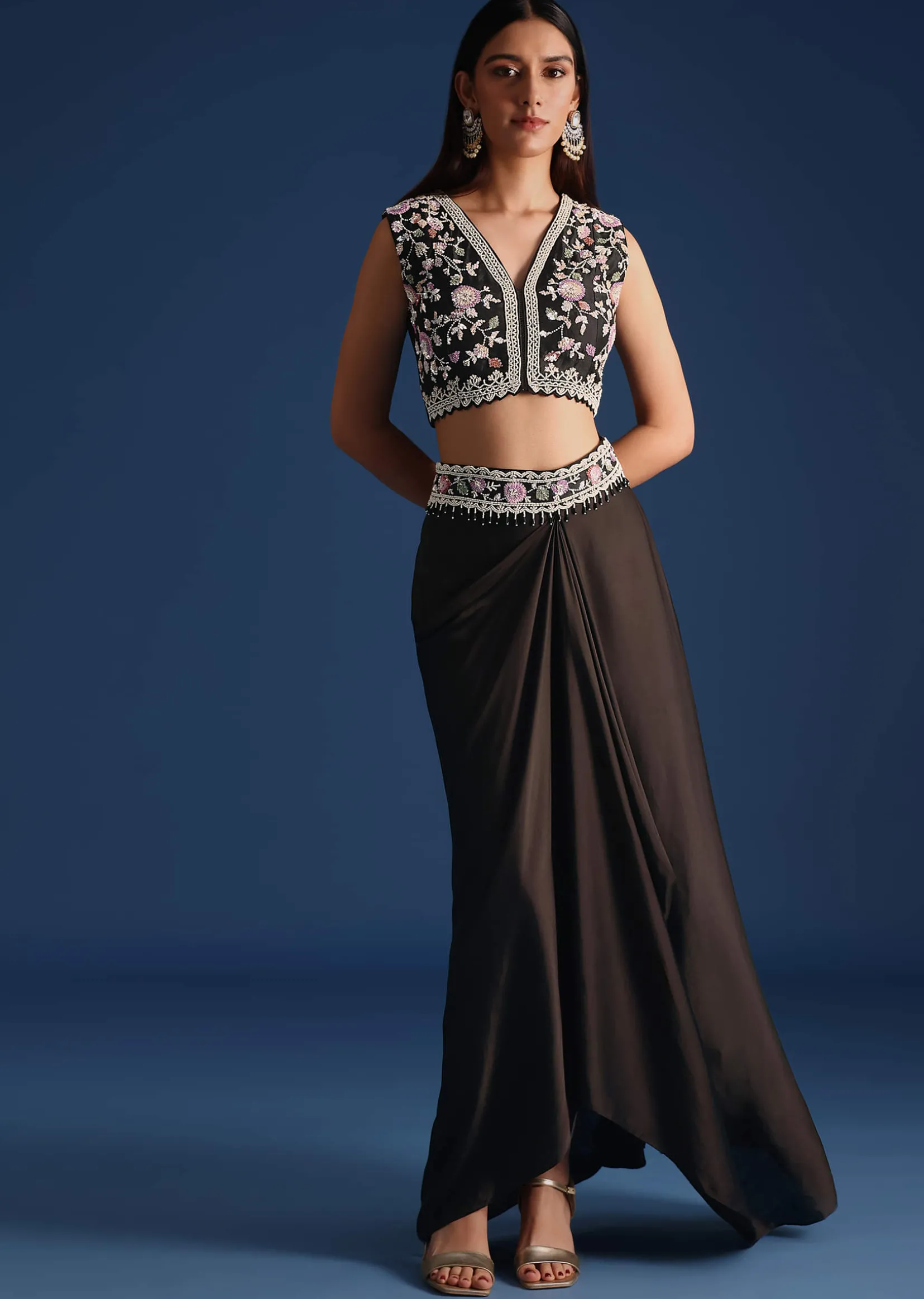 Black Organza Jacket With Embroidered Crop Top And Draped Skirt