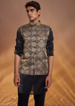 Black Organza Kurta Jacket Set With Self Embroidery