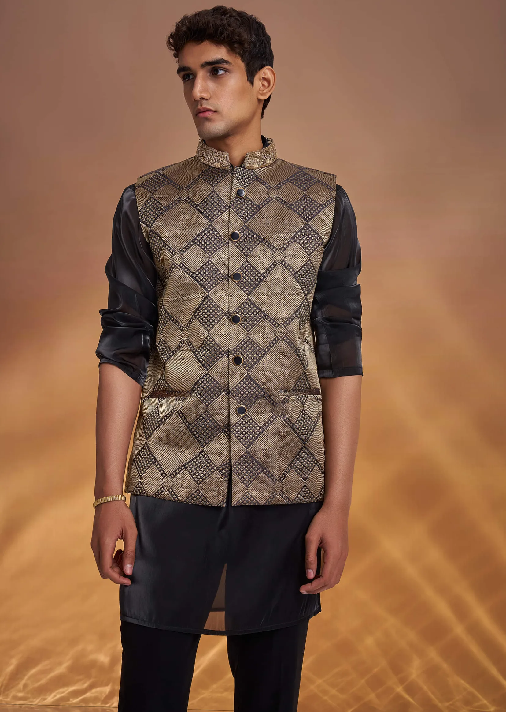 Black Organza Kurta Jacket Set With Self Embroidery