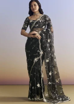 Black Organza Saree With All Over Floral Jaal Embroidery