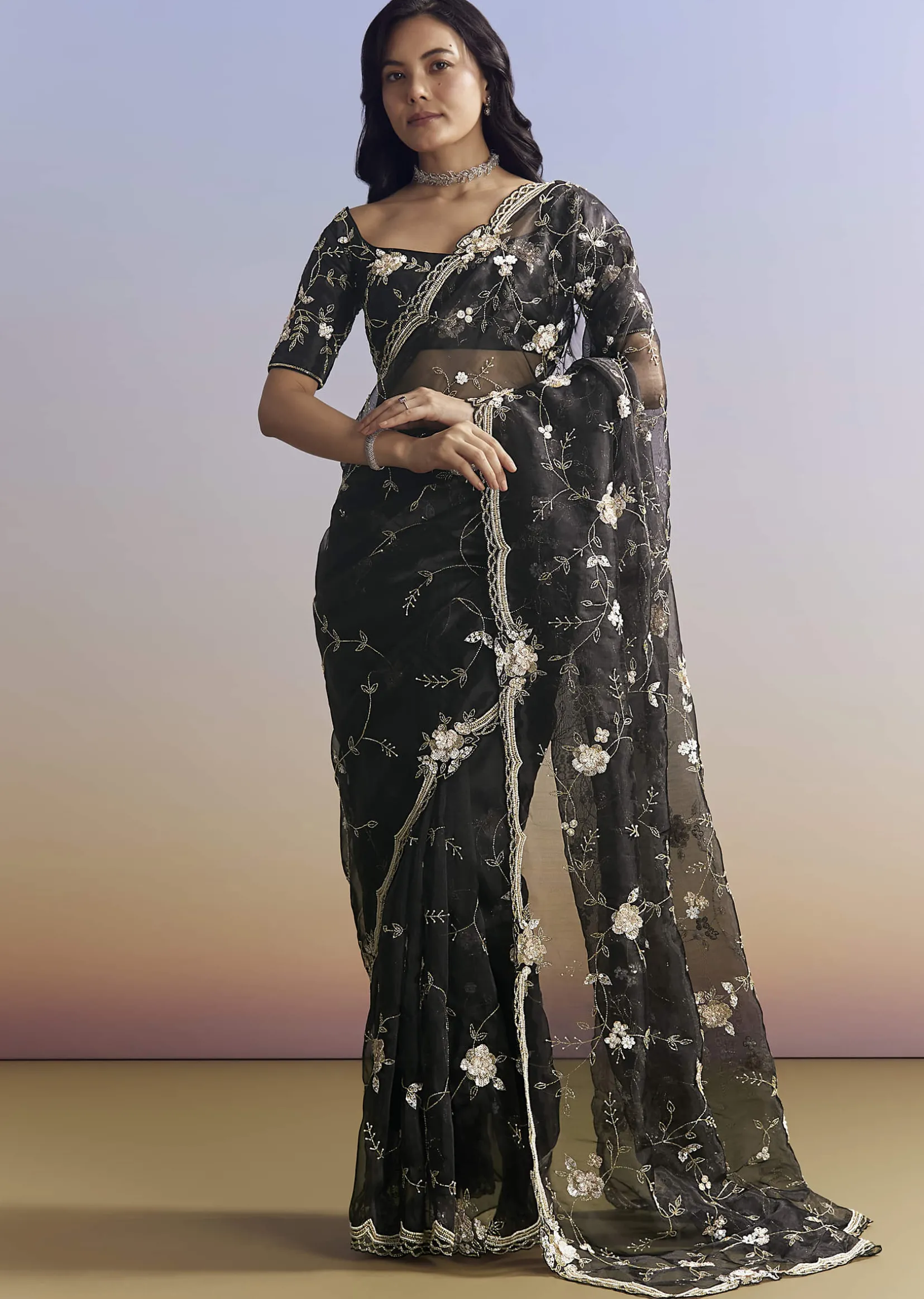 Black Organza Saree With All Over Floral Jaal Embroidery