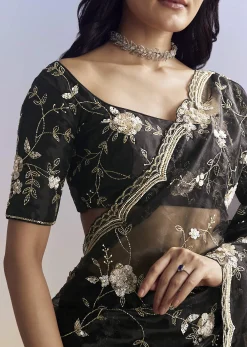 Black Organza Saree With All Over Floral Jaal Embroidery