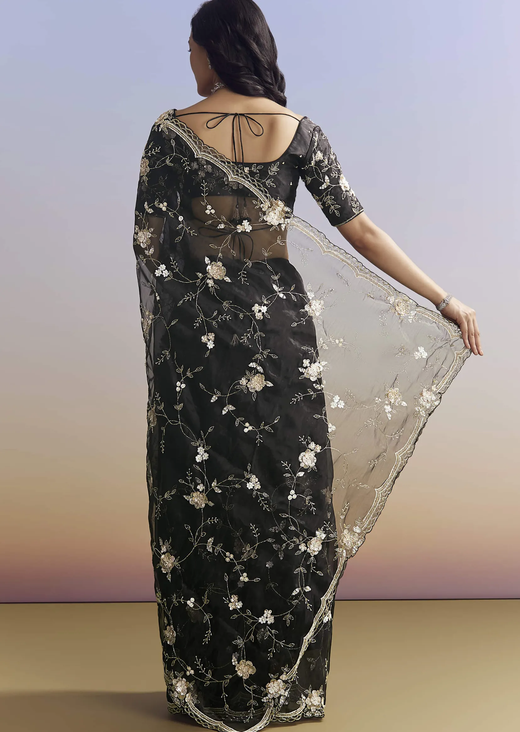 Black Organza Saree With All Over Floral Jaal Embroidery