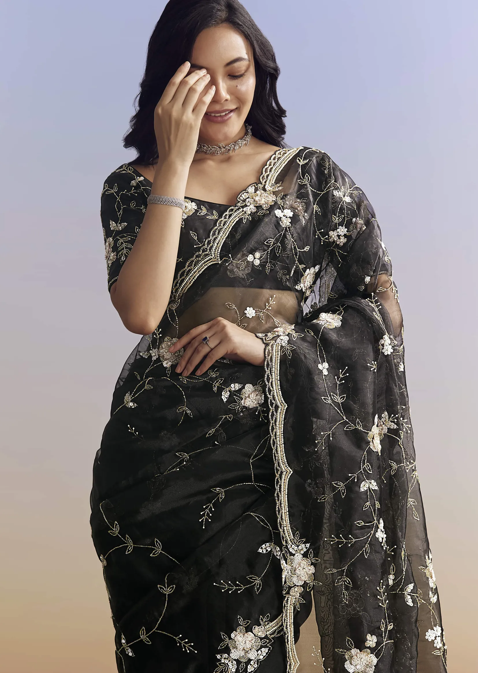 Black Organza Saree With All Over Floral Jaal Embroidery