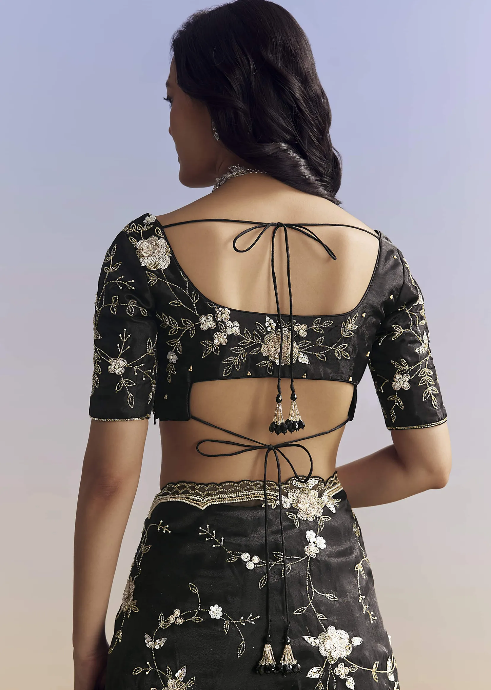 Black Organza Saree With All Over Floral Jaal Embroidery