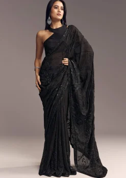 Black Organza Saree With Beaded Geometric Embroidery