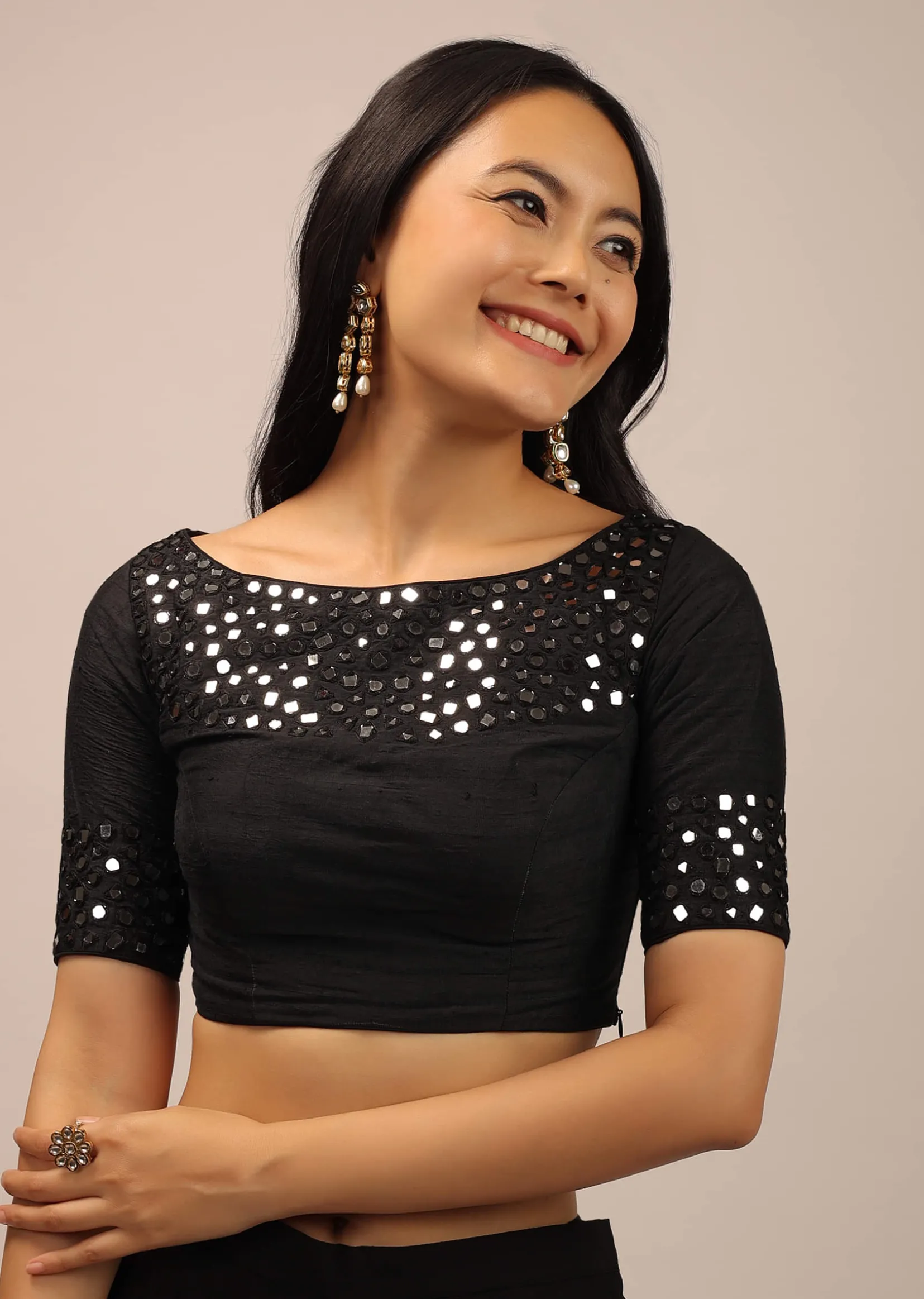 Black Padded Blouse With Mirror Work And Half Sleeves