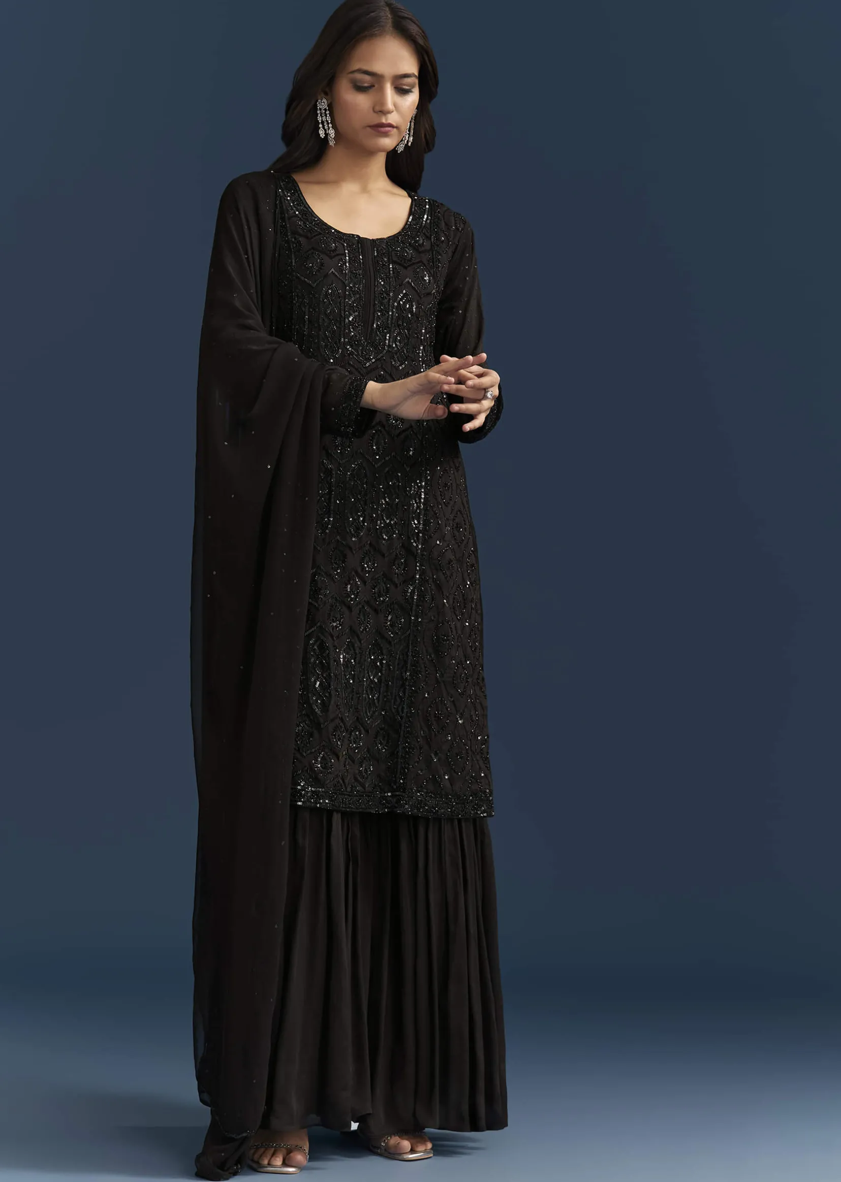 Black Pakistani Palazzo Suit With Sequins Embellished Kurta And Dupatta