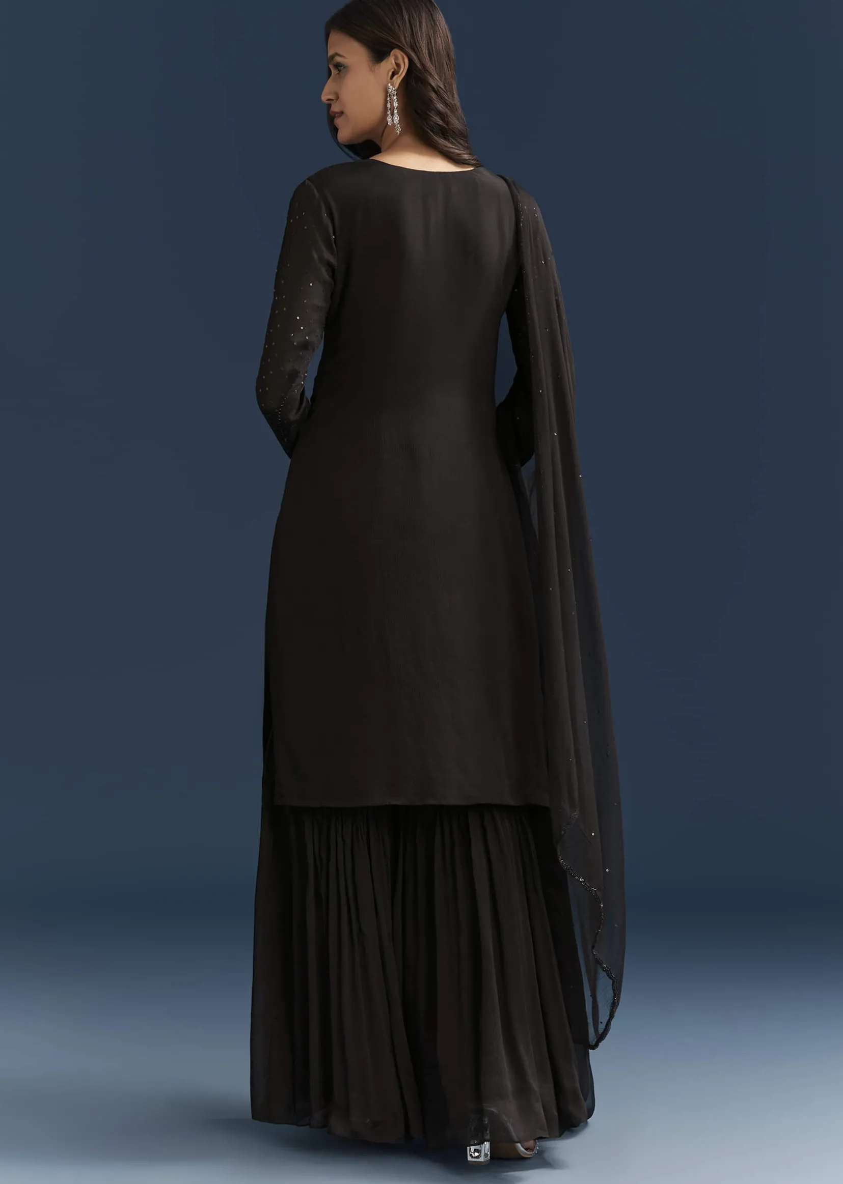 Black Pakistani Palazzo Suit With Sequins Embellished Kurta And Dupatta