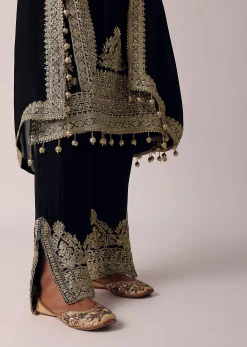 Black Pant Set In Chiffon With Zardozi Work Kurta