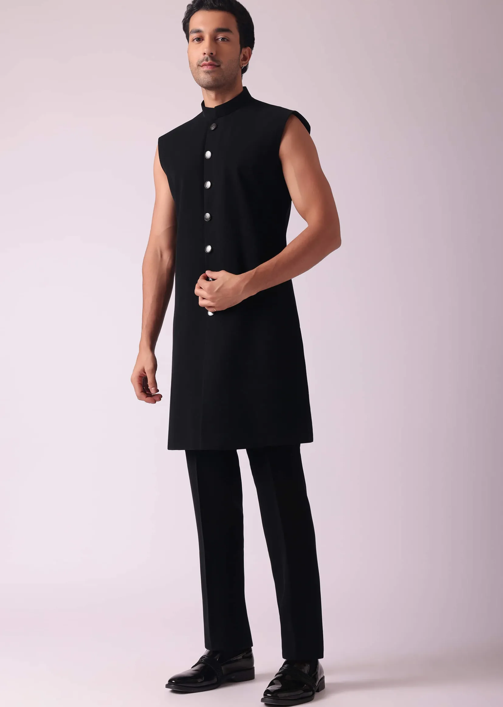 Black Patterned Indowestern Set In Suiting Fabric