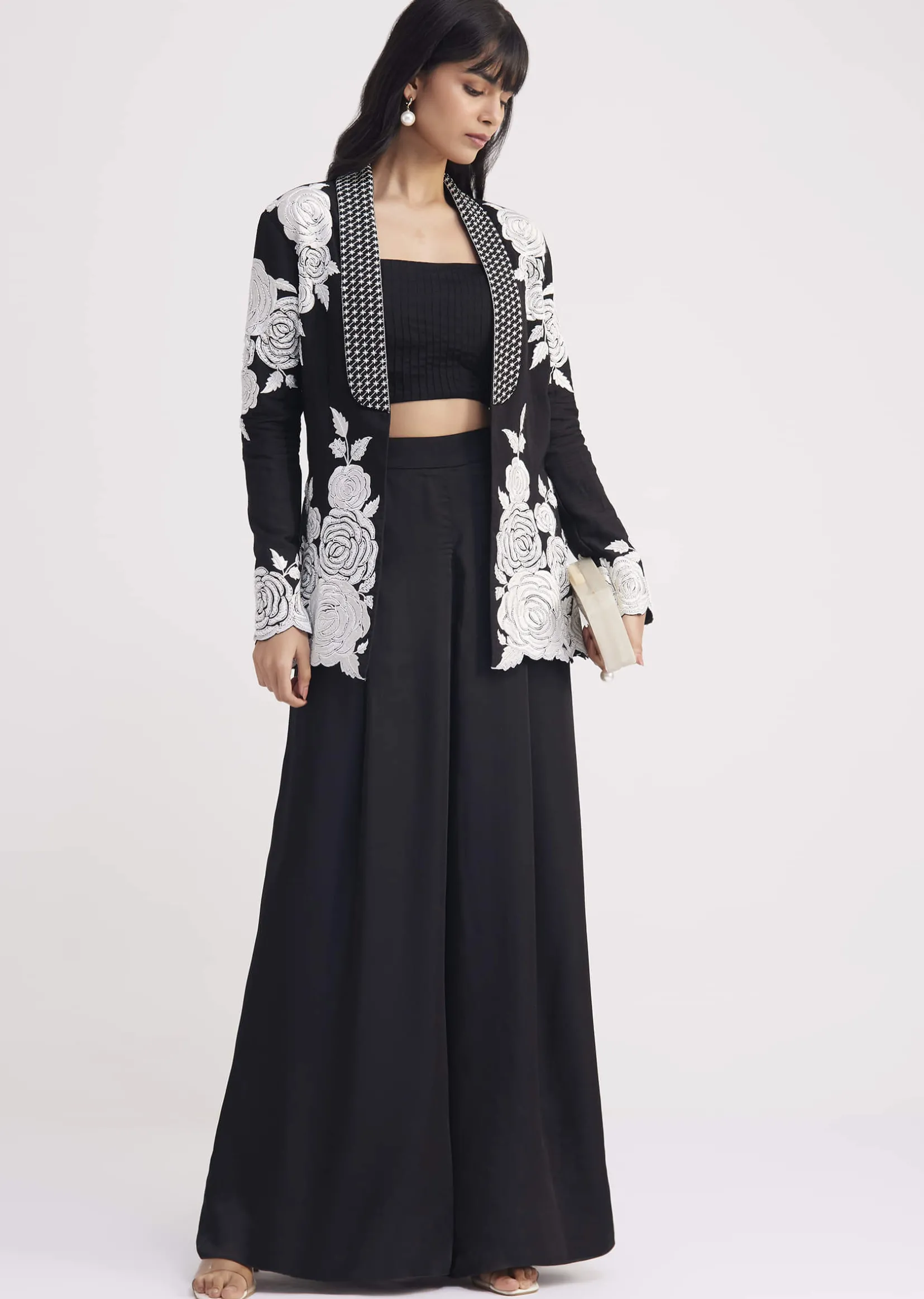 Black Pintuck Croptop Set With Blazer Style Jacket