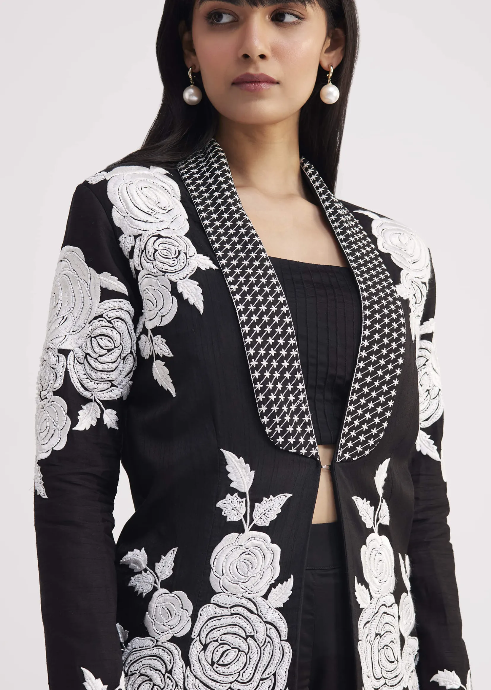 Black Pintuck Croptop Set With Blazer Style Jacket