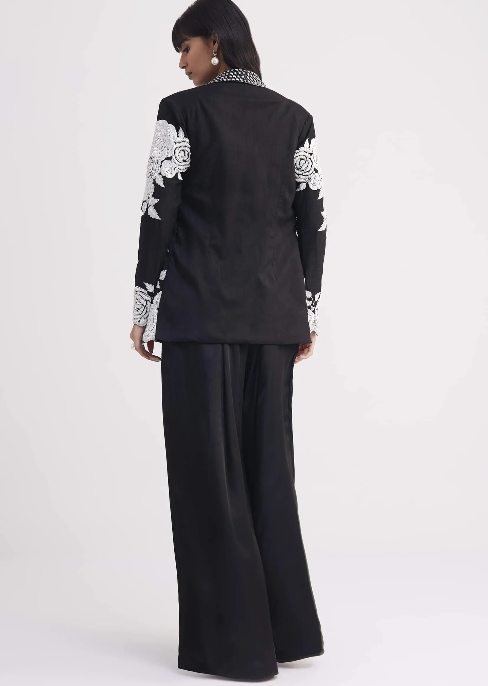 Black Pintuck Croptop Set With Blazer Style Jacket