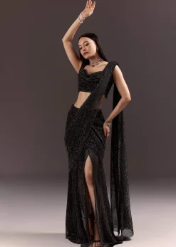 Black Pre Stitched Slit Saree With Cowl Blouse