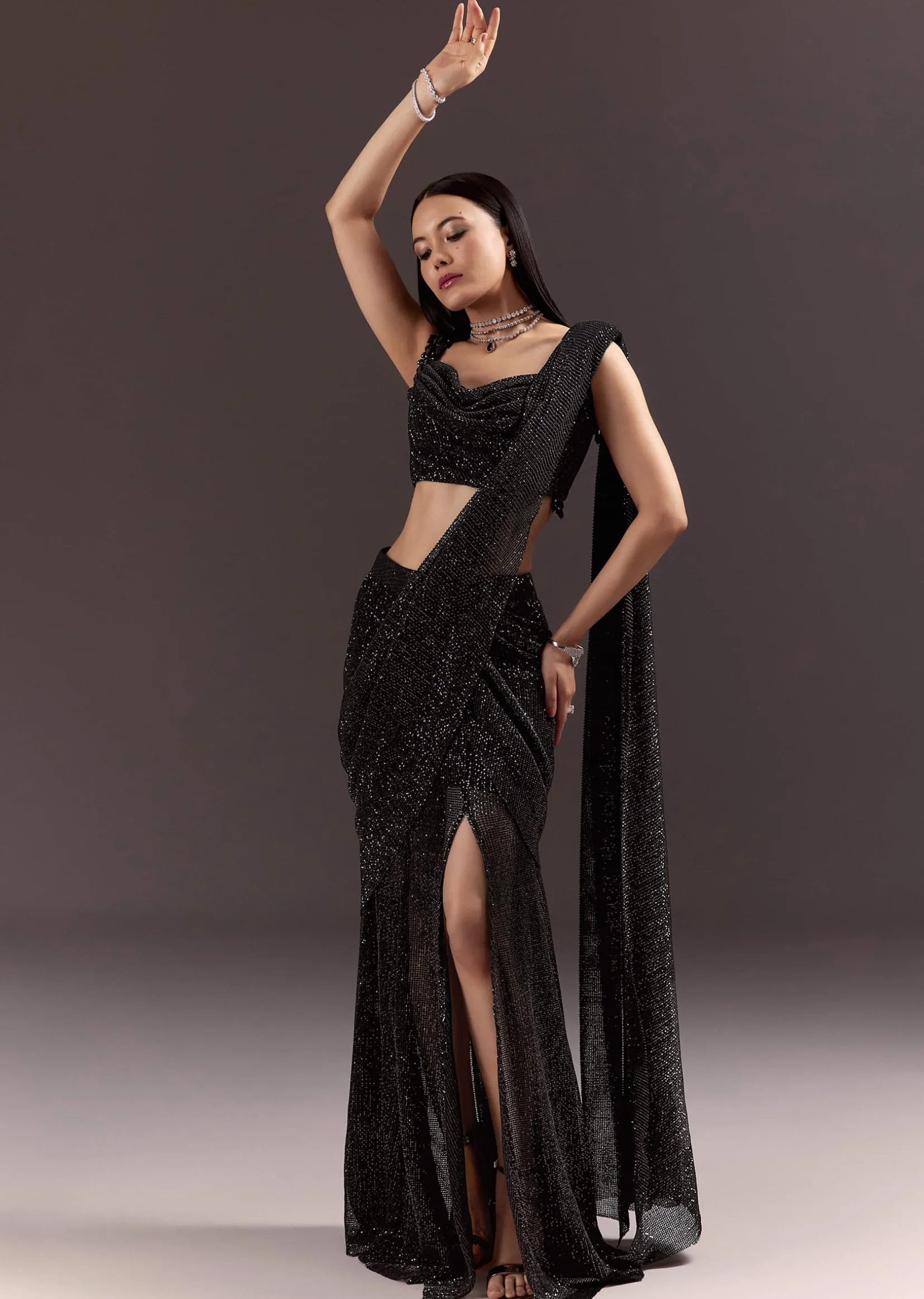Black Pre Stitched Slit Saree With Cowl Blouse