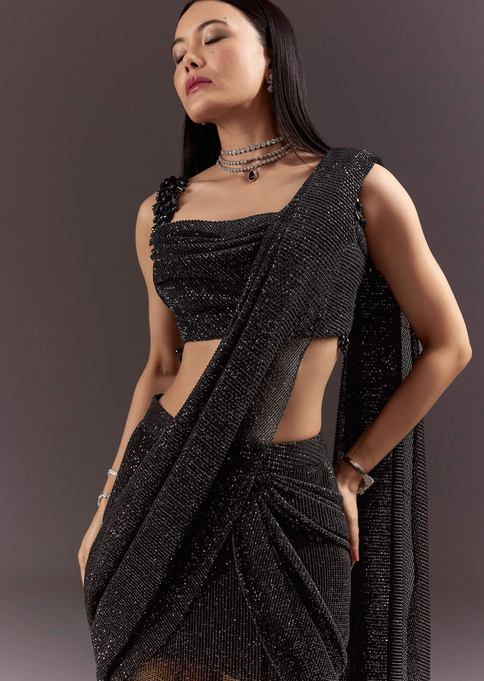 Black Pre Stitched Slit Saree With Cowl Blouse