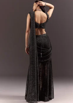 Black Pre Stitched Slit Saree With Cowl Blouse