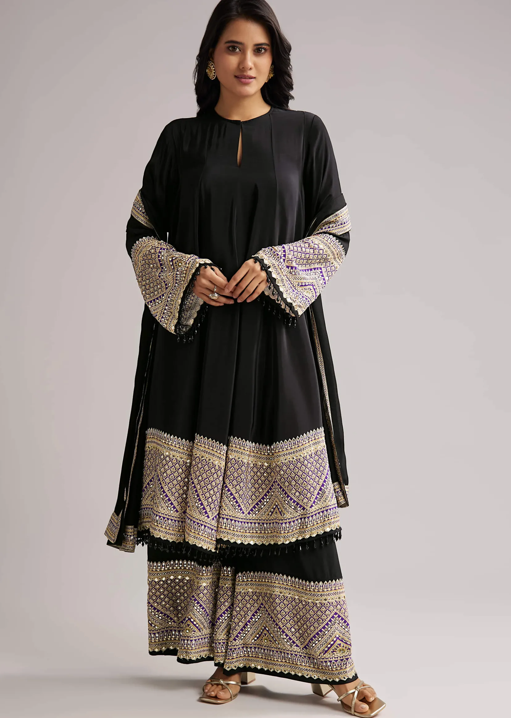 Black Printed Border Anarkali Set With Palazzo And Dupatta