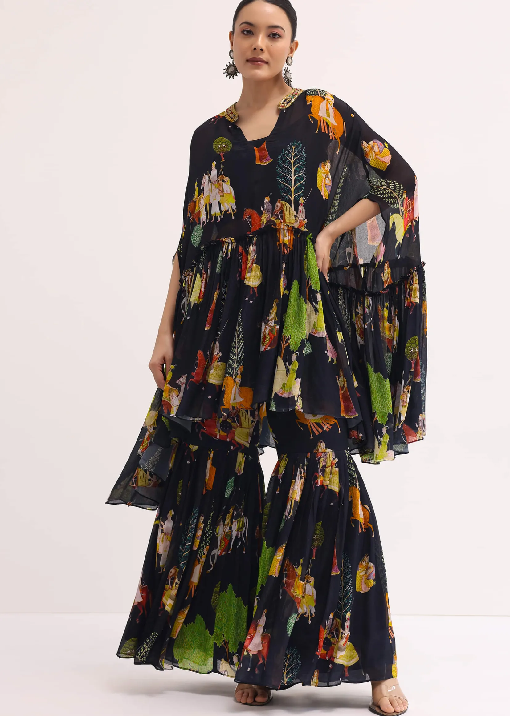 Black Printed Georgette Crop Top And Sharara Set